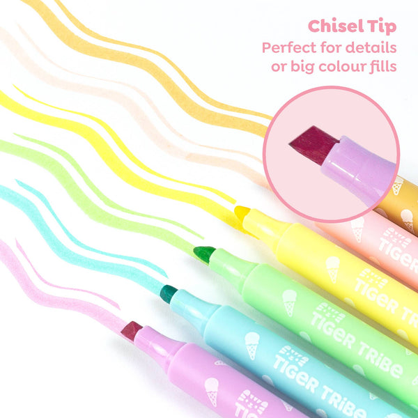 Pastel-colored markers with chisel tips on a white background, featuring the brand 'Tiger Tribe'.