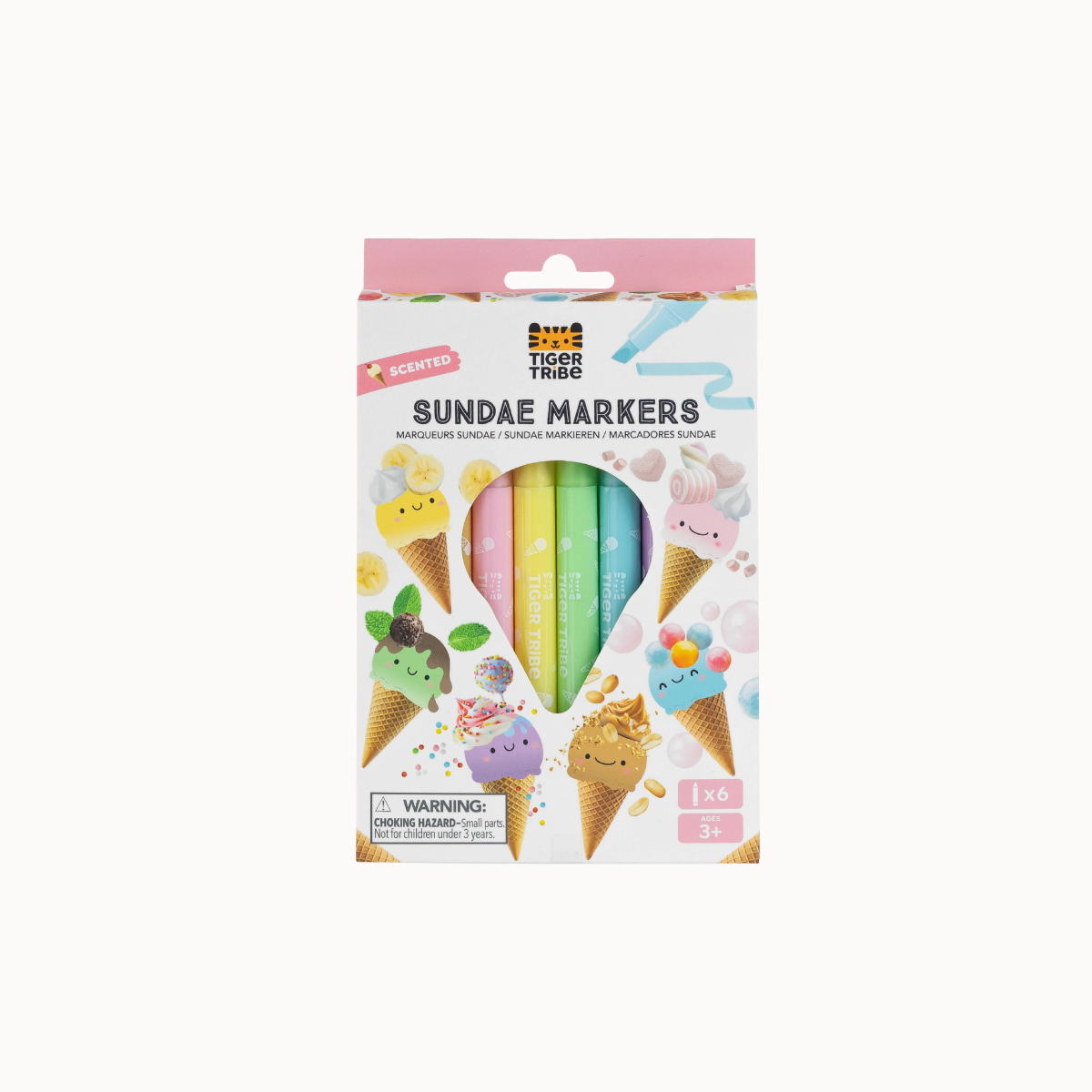 A package of Scents of Tiger Tiger Sundae Markers, featuring a white and pink box with illustrations of ice cream cones and a clear window showing four pastel-colored markers.