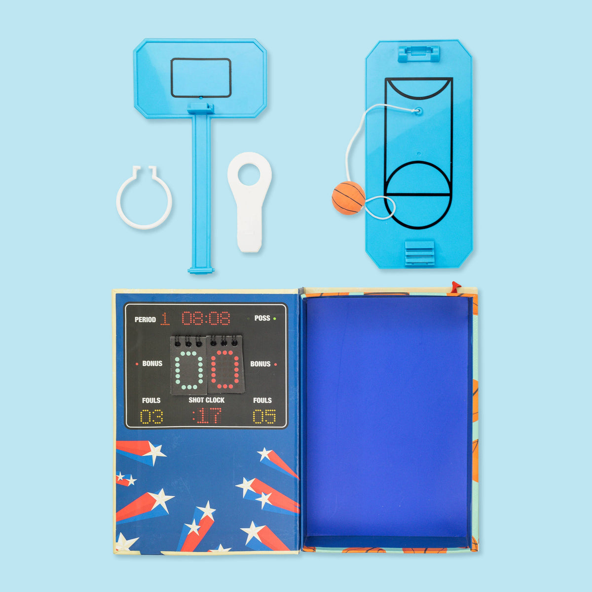Basketball-themed toy set with hoop, ball, and scoreboard on a blue background