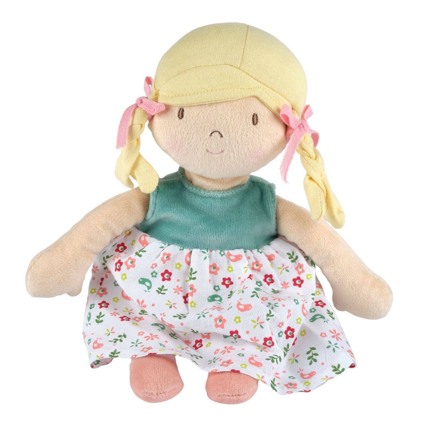 Plush doll with blonde hair, green top, and floral dress on a white background