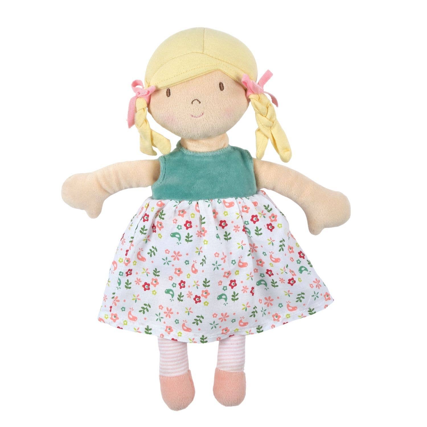 Plush doll with blonde hair, green top, and floral dress on a white background
