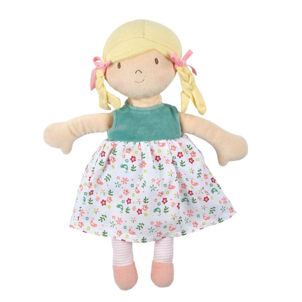 Plush doll with blonde hair, green top, and floral dress on a white background