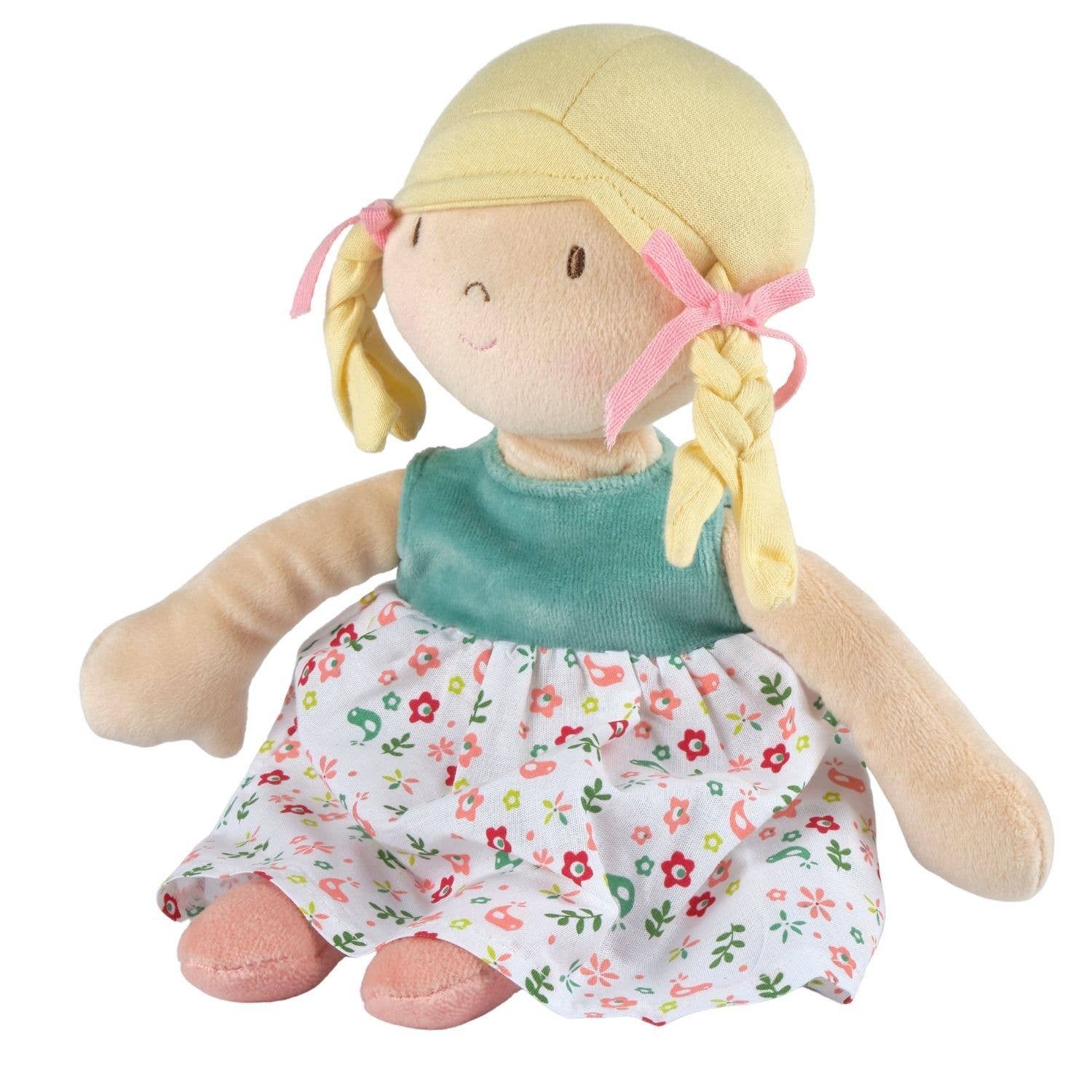 Plush doll with blonde hair, green top, and floral dress on a white background