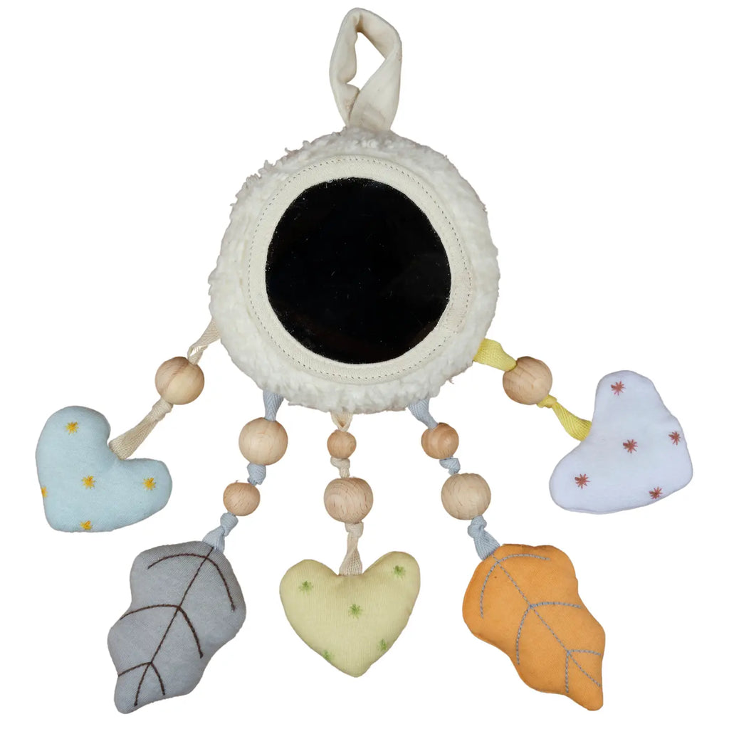 Baby mobile with colorful hanging charms on a white background