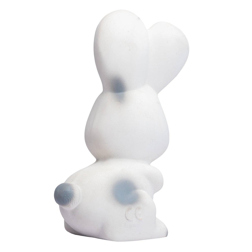 A white bunny-shaped bath toy with a textured, ribbed surface and small blue-gray accents on its ears and tail, shown against a plain white background.
