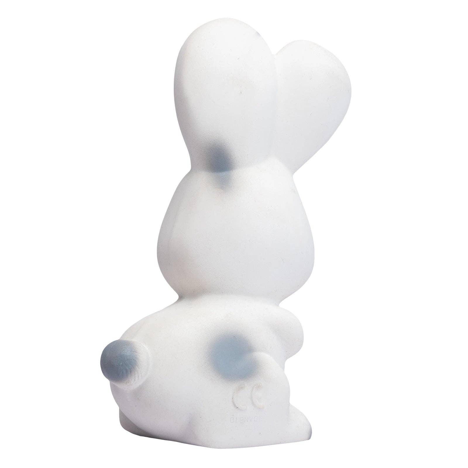 A white bunny-shaped bath toy with a textured, ribbed surface and small blue-gray accents on its ears and tail, shown against a plain white background.