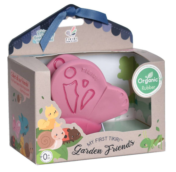 Pink toy with organic rubber label in a colorful box packaging
