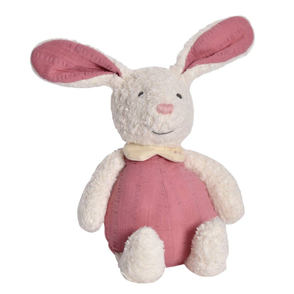 Plush rabbit toy with pink body and white ears on a white background