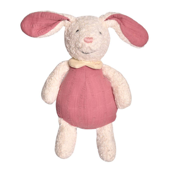 Plush rabbit toy with pink dress on a white background