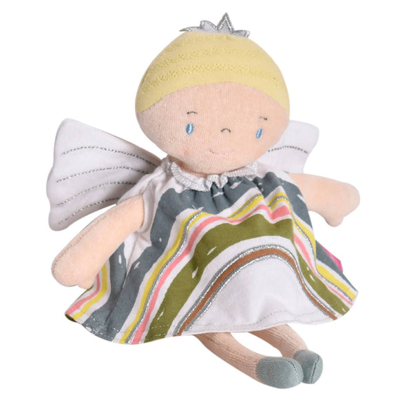 Toy fairy with a striped dress on a white background