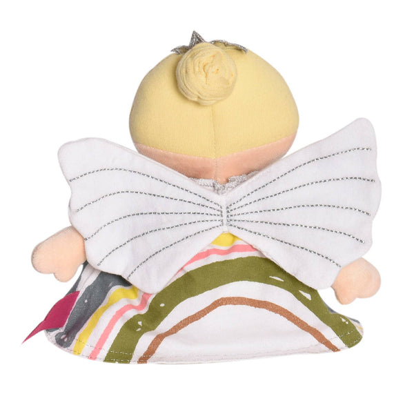 Toy angel with a yellow head and colorful skirt on a white background