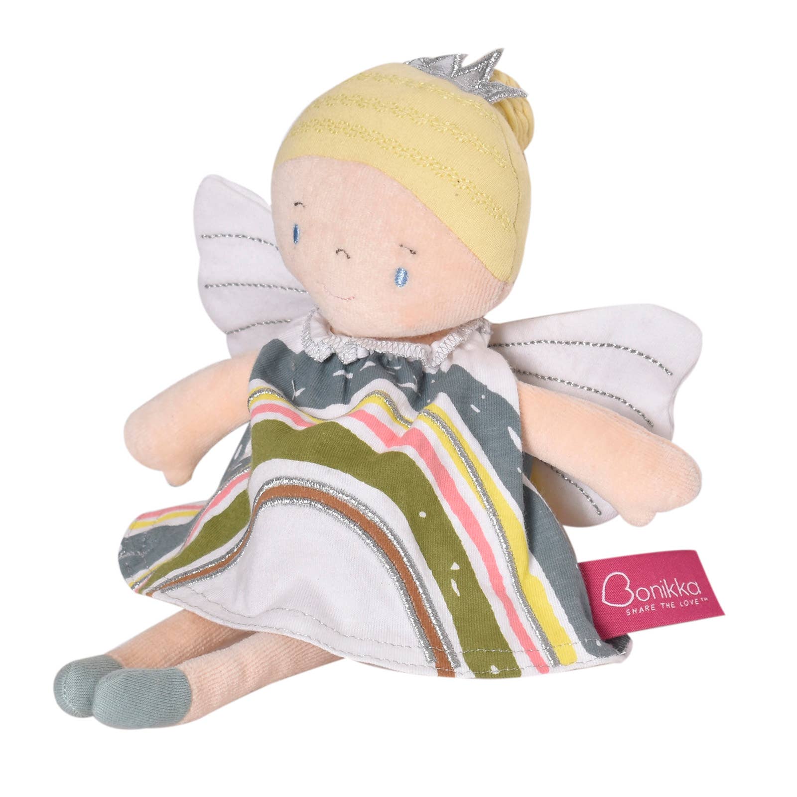 Stuffed fairy doll with a colorful dress and white wings on a white background, featuring the Bonikka brand.