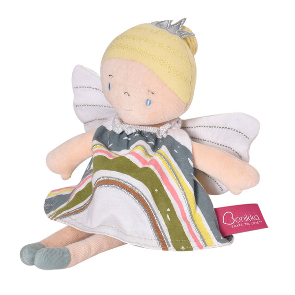 Stuffed fairy doll with a colorful dress and white wings on a white background, featuring the Bonikka brand.