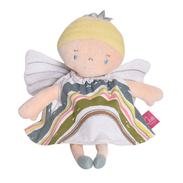 Stuffed toy fairy with a colorful dress on a white background