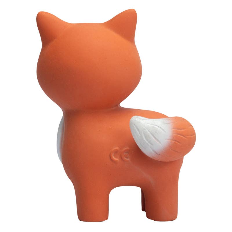 Orange fox-shaped toy with a white patch on a white background