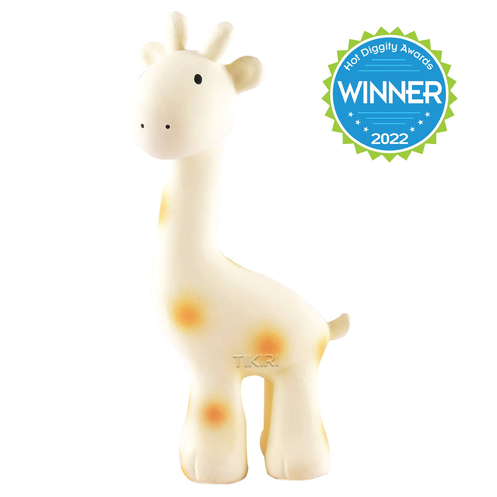 Plush giraffe toy with a Hot Diggity Awards 2022 winner badge on a white background