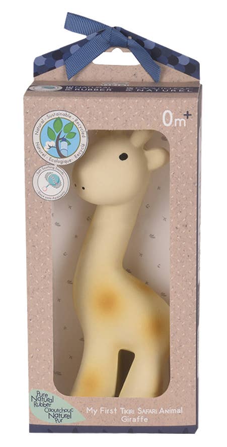 Giraffe-shaped toy in a packaging box with a blue ribbon on a white background