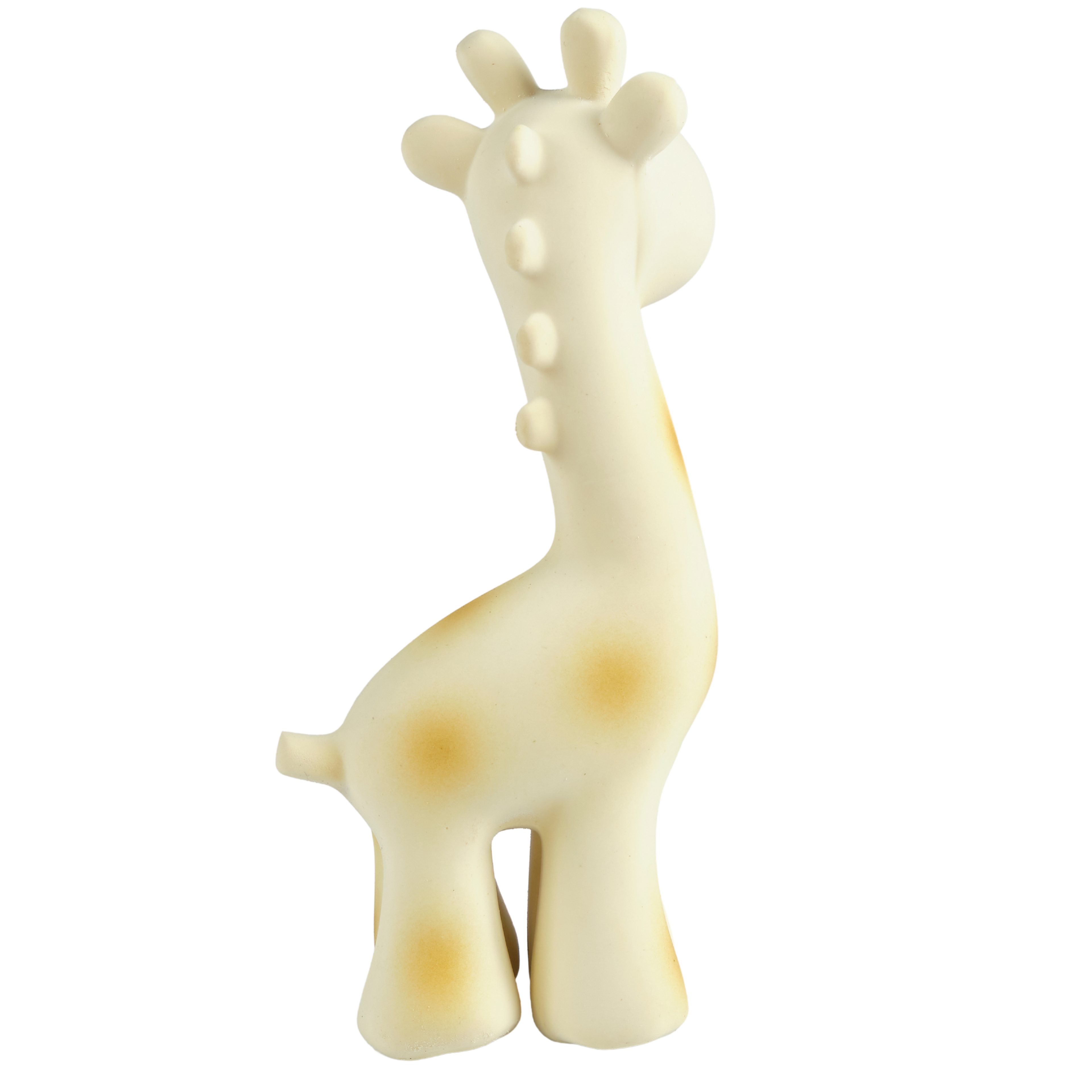 A giraffe-shaped baby teether or toy in a warm cream color with soft tan spots, shown against a plain white background.