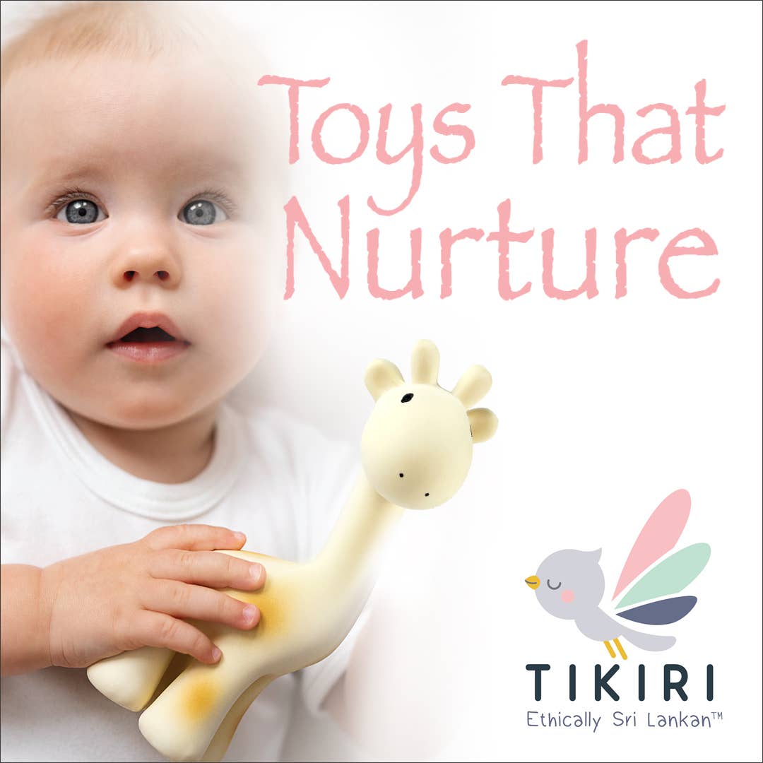 Baby holding a toy with 'Toys That Nurture' text and Tikiri logo on a white background