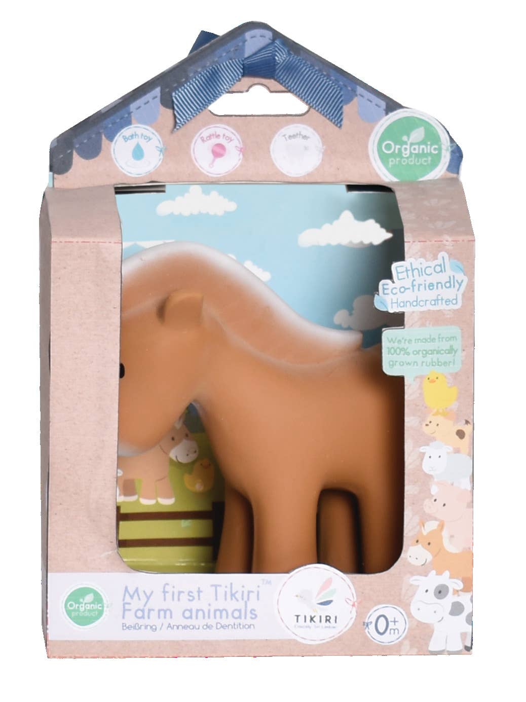 Tikiri brand 'My first Tikiri Farm animals' body toy in its original packaging, featuring a brown horse and a green cow with a blue sky and clouds printed background.