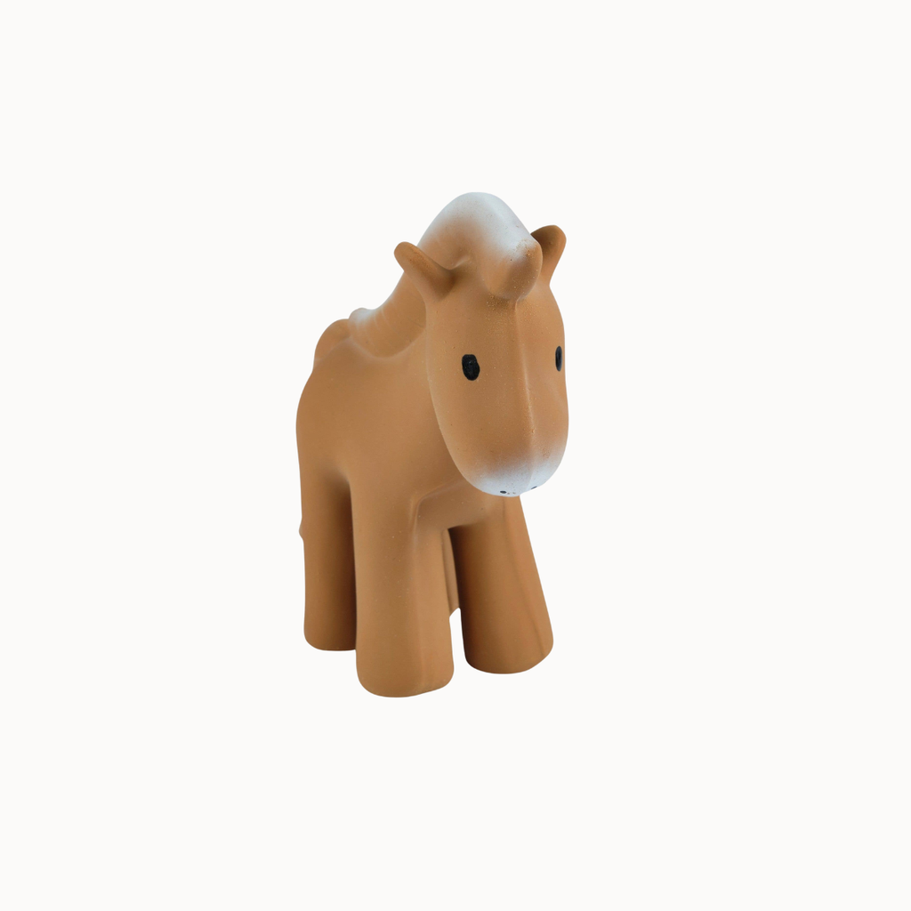 A small brown animal toy shaped like a giraffe or camel with a white patch on its forehead and face, black eyes, and small ears, shown on a plain white background.