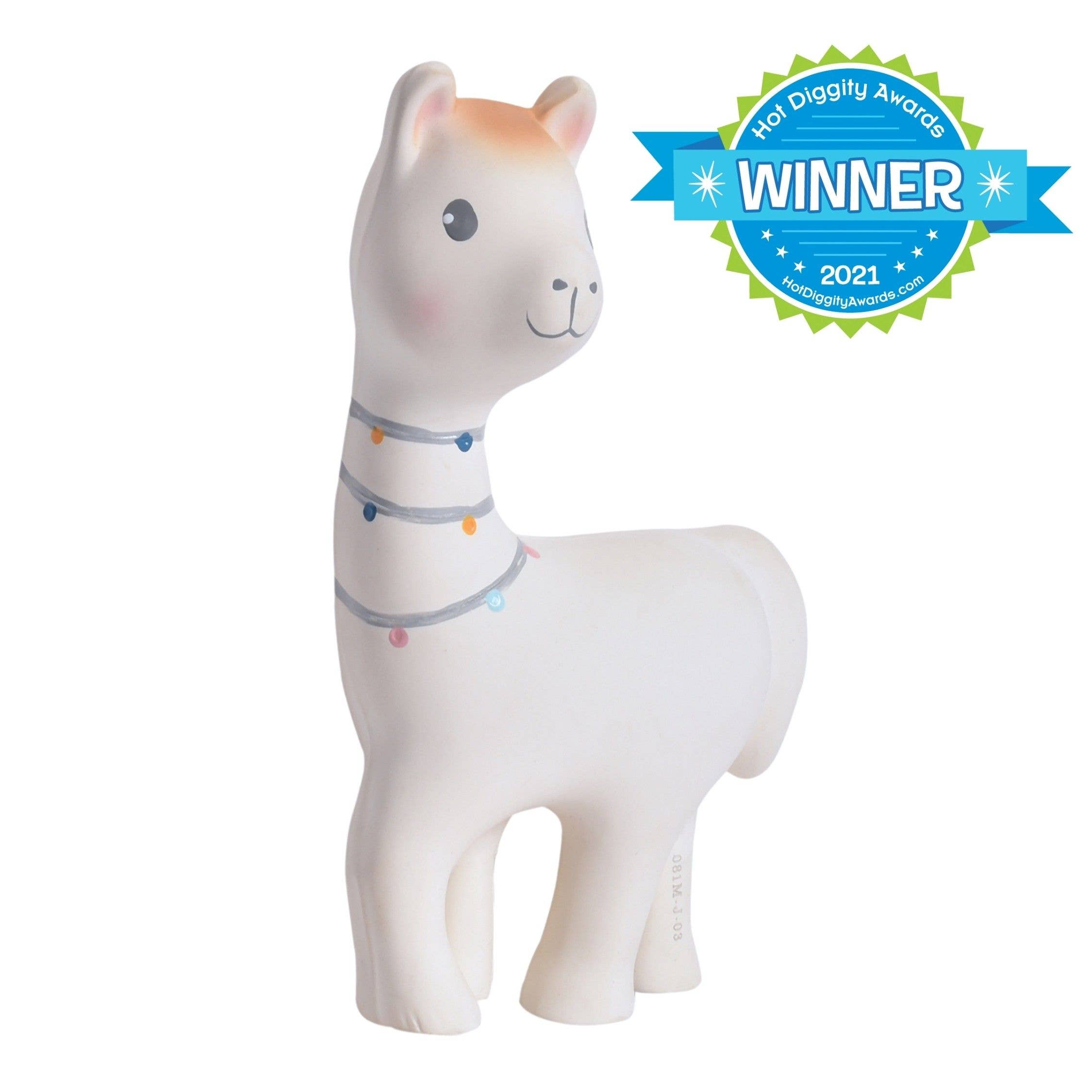 A white llama-shaped squishy toy with small pastel-colored decorative accents on its neck, shown on a plain white background with a blue and green 'Hot Diggity Awards Winner 2021' badge in the top right corner.
