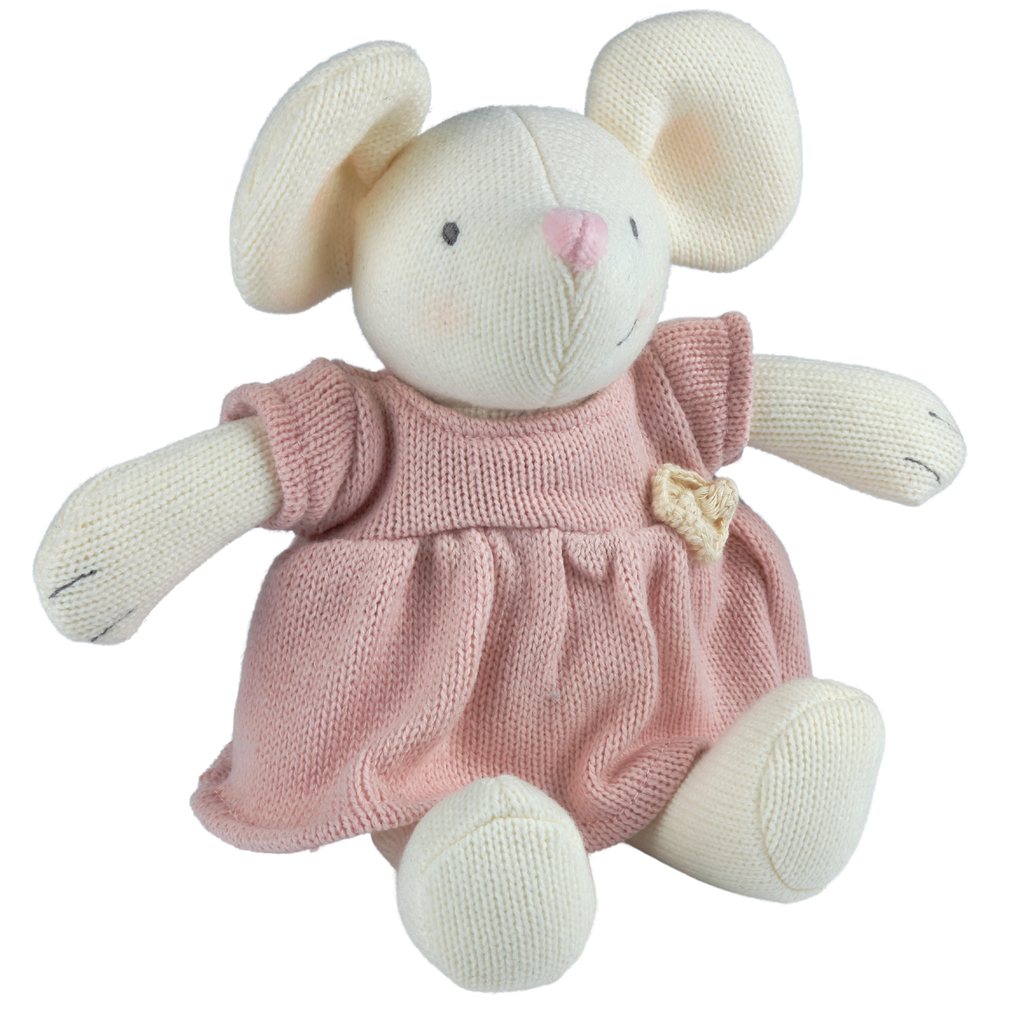 Plush mouse toy wearing a pink dress on a white background