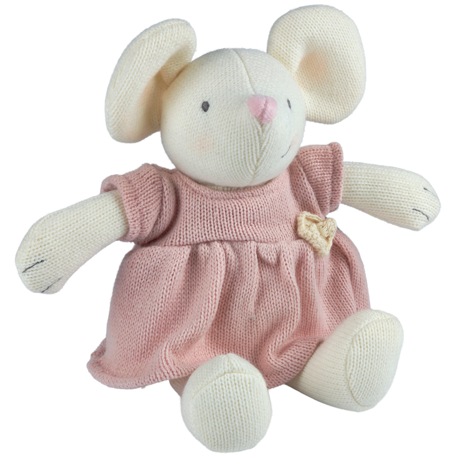 Plush mouse toy wearing a pink dress on a white background