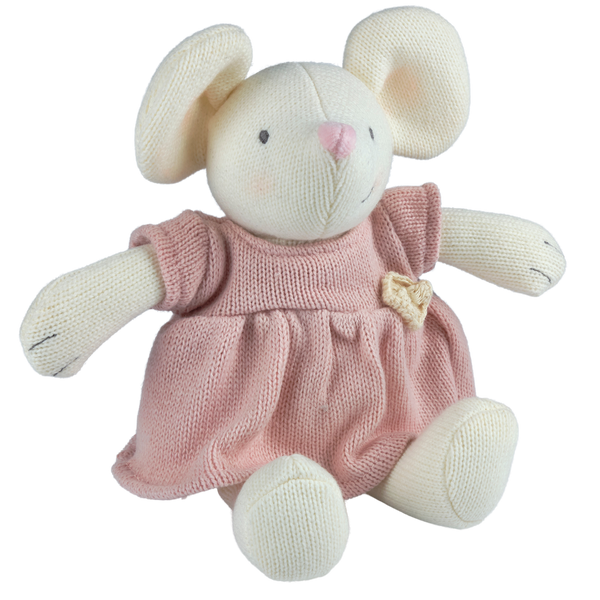 Plush mouse toy wearing a pink dress on a white background