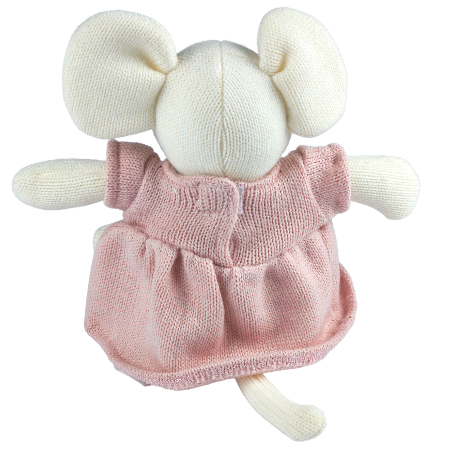 Knitted toy with a pink dress on a white background