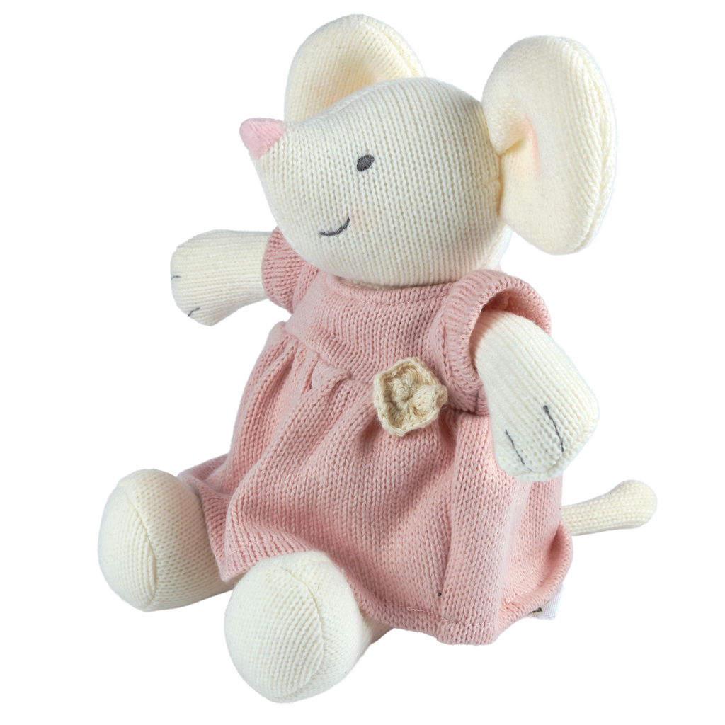 Knitted toy mouse in a pink outfit on a white background