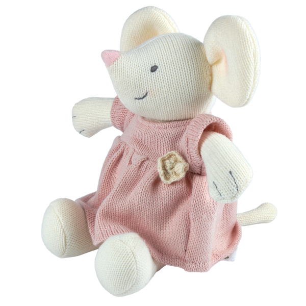 Knitted toy mouse in a pink outfit on a white background