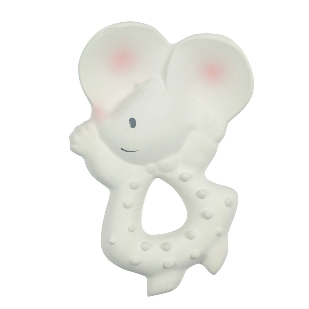 White elephant-shaped teething ring with pink accents on a white background