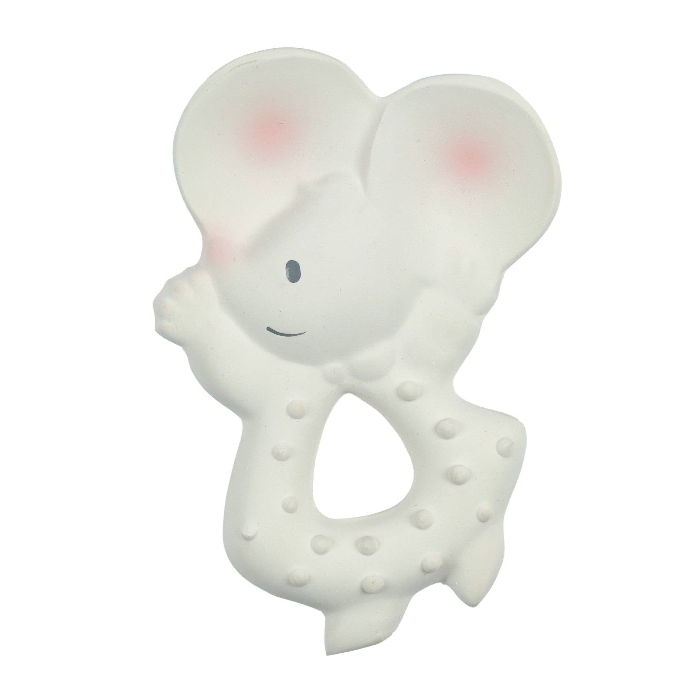 White elephant-shaped teething ring with pink accents on a white background