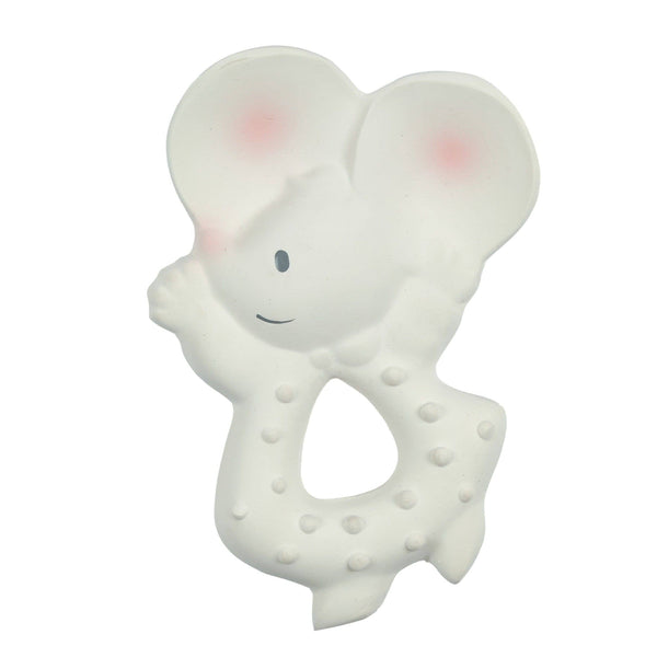 White elephant-shaped teething ring with pink accents on a white background