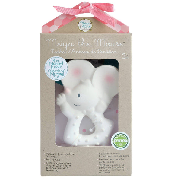 Meiya the Mouse teether packaging with a pink ribbon on a white background