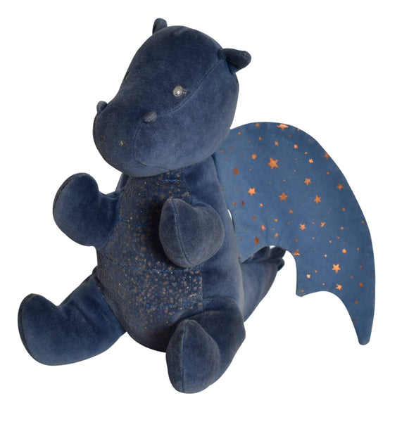 Blue plush dragon toy with star pattern on a white background