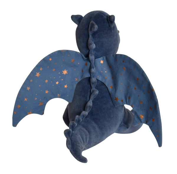 Blue plush toy with star-patterned wings on a white background