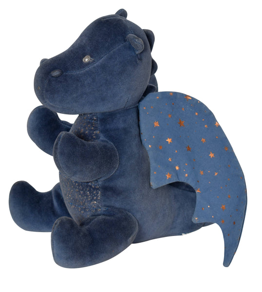 Blue plush dragon toy with star-patterned wings on a white background