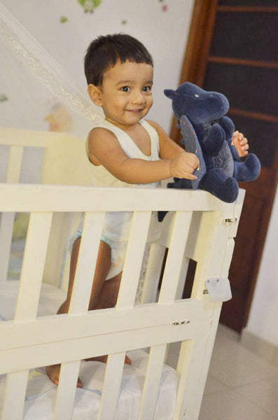 Child sitting in a crib holding a blue teddy bear, smiling.