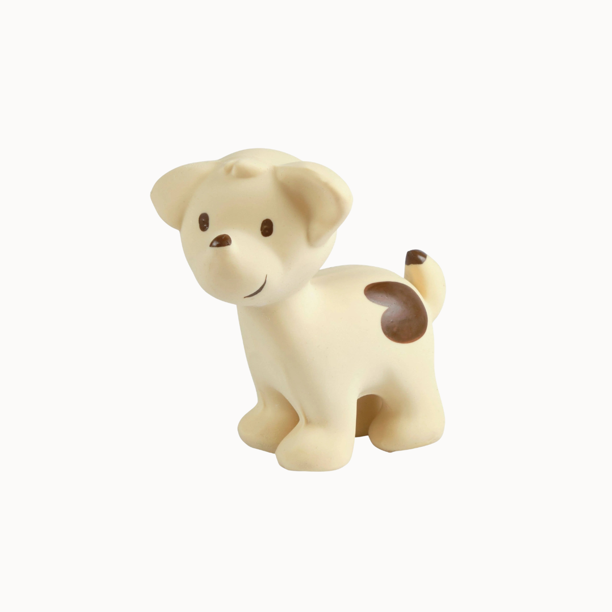 A small cream-colored dog figurine with dark brown accents on its ears, eyes, nose, and tail tip, shown against a plain white background.