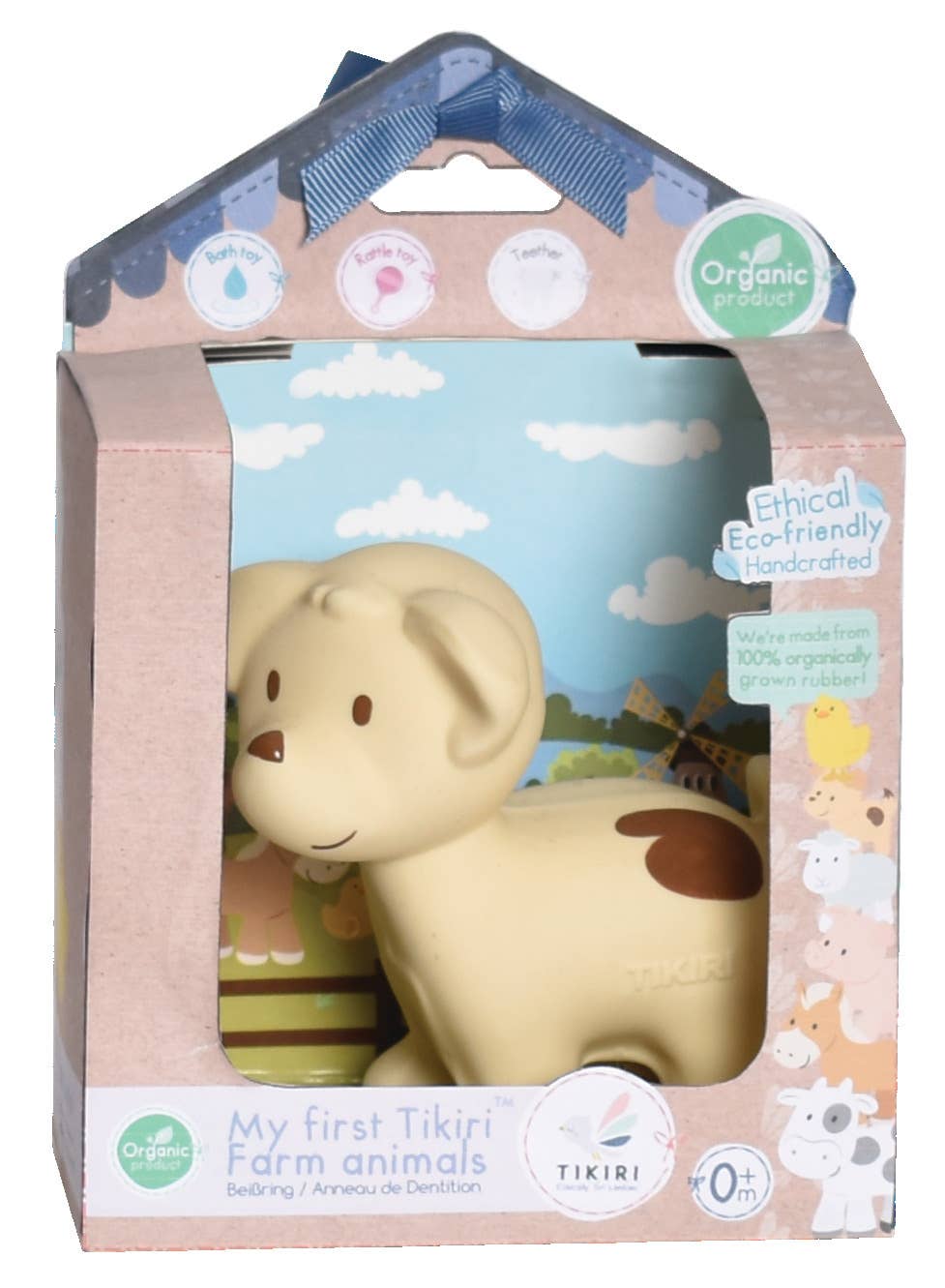 Tikiri toy in packaging with a farm animal design