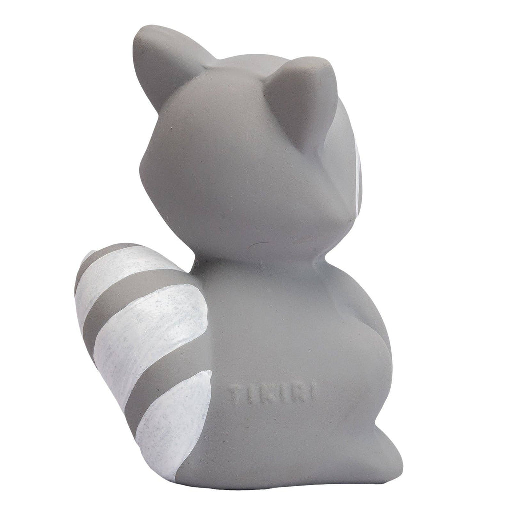 Gray raccoon-shaped toy with 'Tikiri' branding on a white background