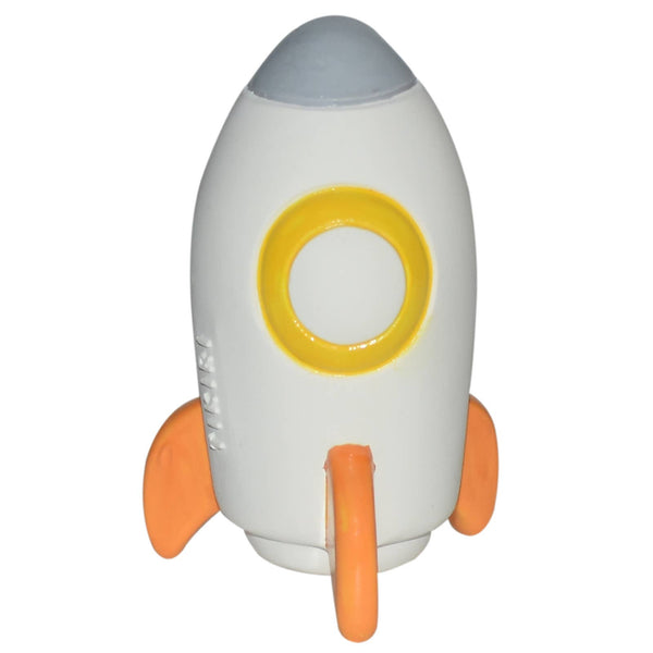 Toy rocket ship with a white body, gray top, yellow circle, and orange fins on a white background.