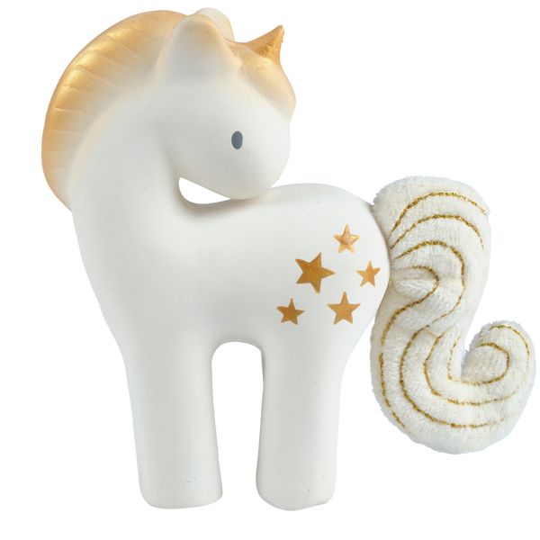 White unicorn figurine with gold stars and accents on a white background