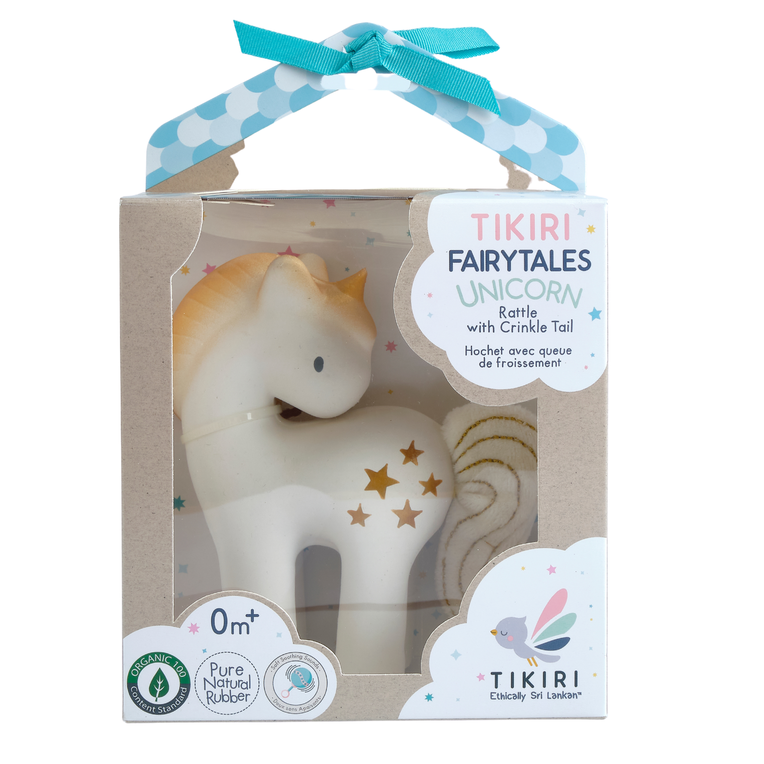 Unicorn rattle with crinkle tail in Tikiri packaging on a white background