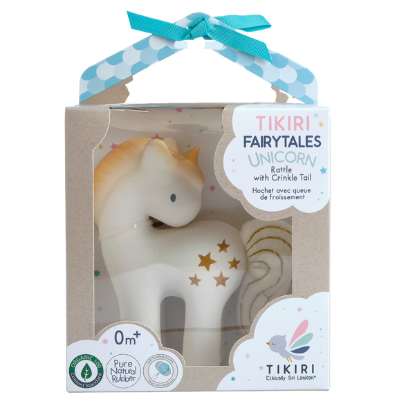 Unicorn rattle with crinkle tail in Tikiri packaging on a white background