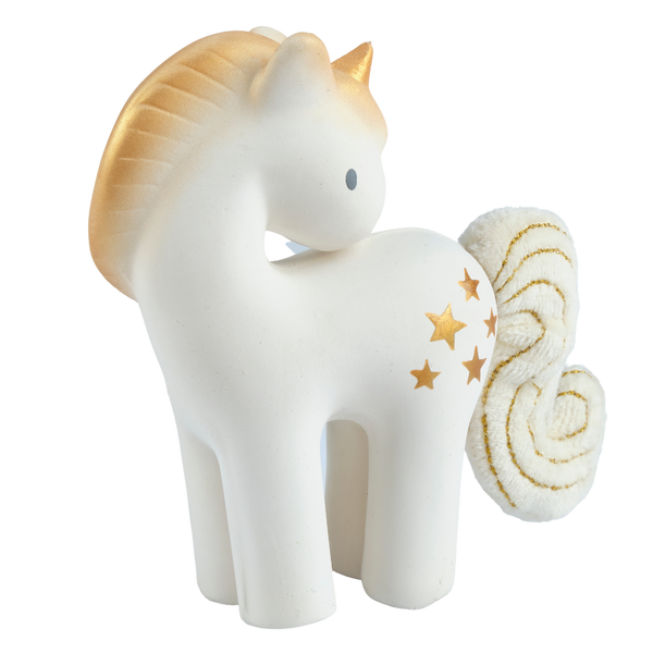 White unicorn figurine with gold stars and mane on a white background