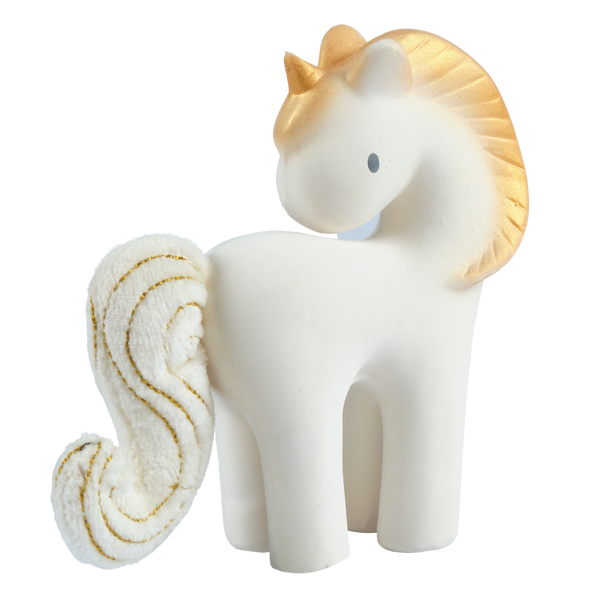 White unicorn figurine with gold accents on a white background