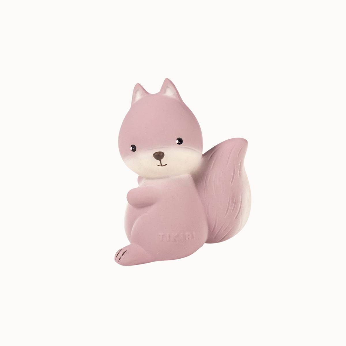 A pink and cream-colored silicone squirrel toy with a small bow on its head, shown against a plain white background.